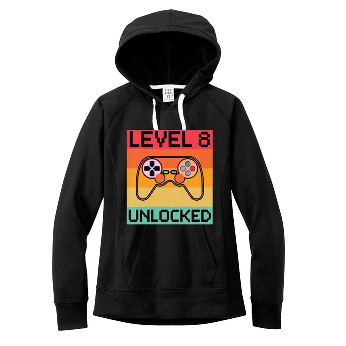 Funny Level 8 Unlocked Video Gamer 8th Birthday Gaming Gift Women's Fleece Hoodie