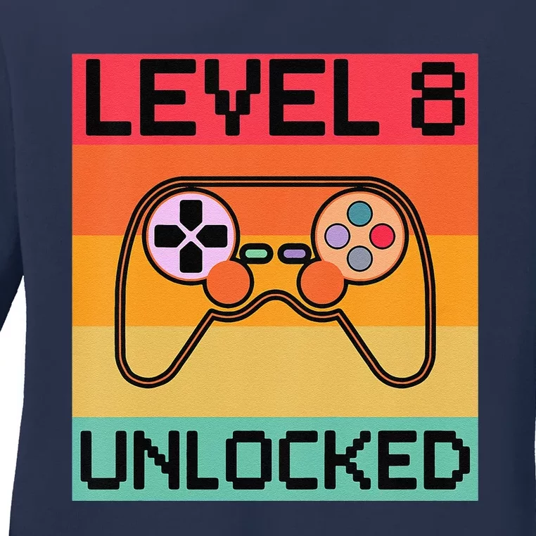 Funny Level 8 Unlocked Video Gamer 8th Birthday Gaming Gift Ladies Long Sleeve Shirt