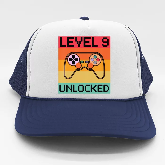 Funny Level 9 Unlocked Video Gamer 9th Birthday Gaming Gift Trucker Hat