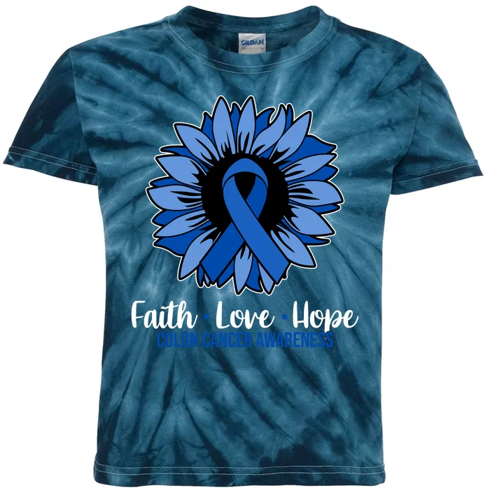 Faith Love And Hope Colon Cancer Awareness Sunflower Kids Tie-Dye T-Shirt