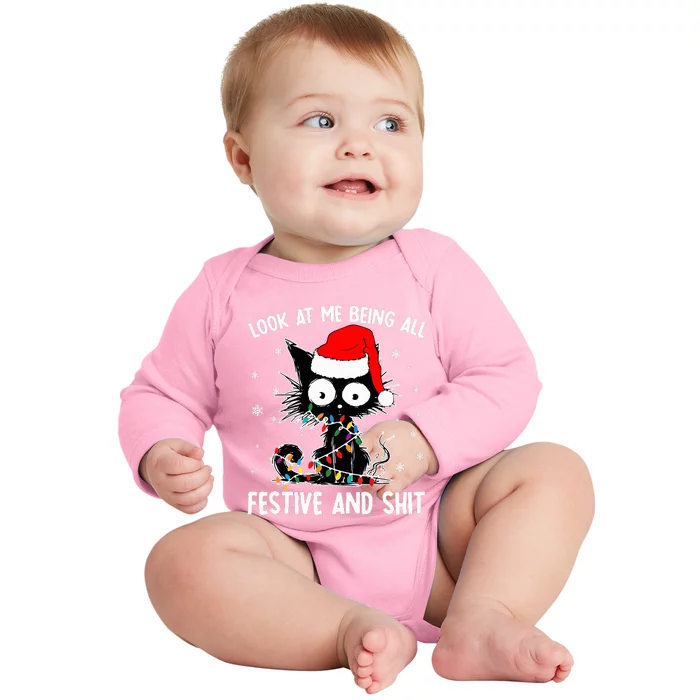 Funny Look At Me Being All Festive And Shits Cat Christmas Baby Long Sleeve Bodysuit