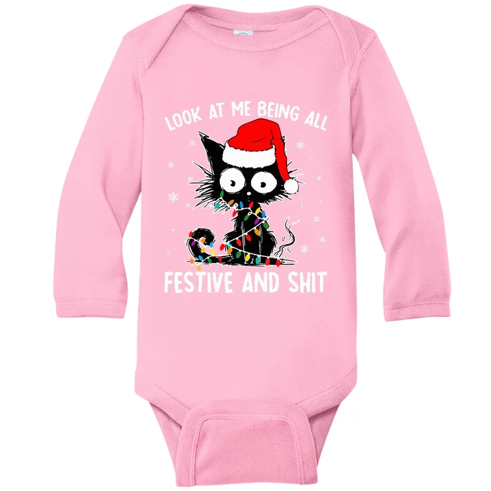 Funny Look At Me Being All Festive And Shits Cat Christmas Baby Long Sleeve Bodysuit