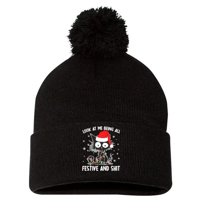 Funny Look At Me Being All Festive And Shits Cat Christmas Pom Pom 12in Knit Beanie