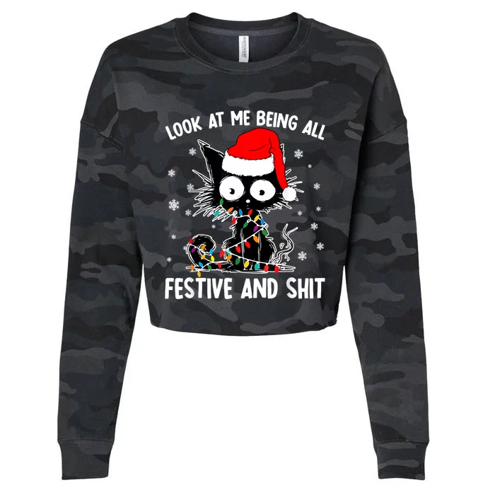 Funny Look At Me Being All Festive And Shits Cat Christmas Cropped Pullover Crew