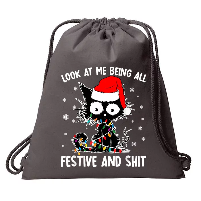 Funny Look At Me Being All Festive And Shits Cat Christmas Drawstring Bag