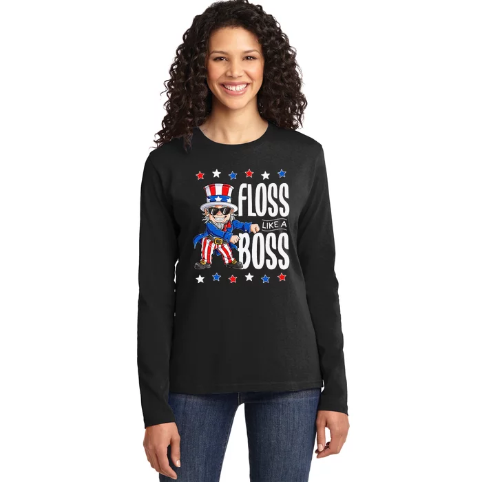 Floss Like a Boss 4th of July Uncle Sam Ladies Long Sleeve Shirt