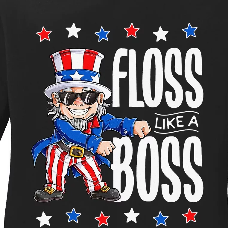 Floss Like a Boss 4th of July Uncle Sam Ladies Long Sleeve Shirt