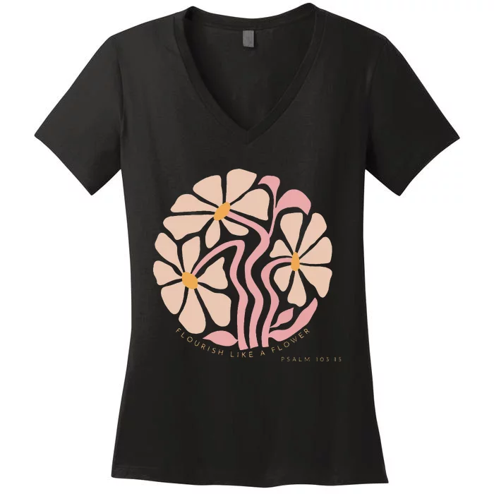 Flourish Like A Flower Retro Boho Christian Floral Women's V-Neck T-Shirt