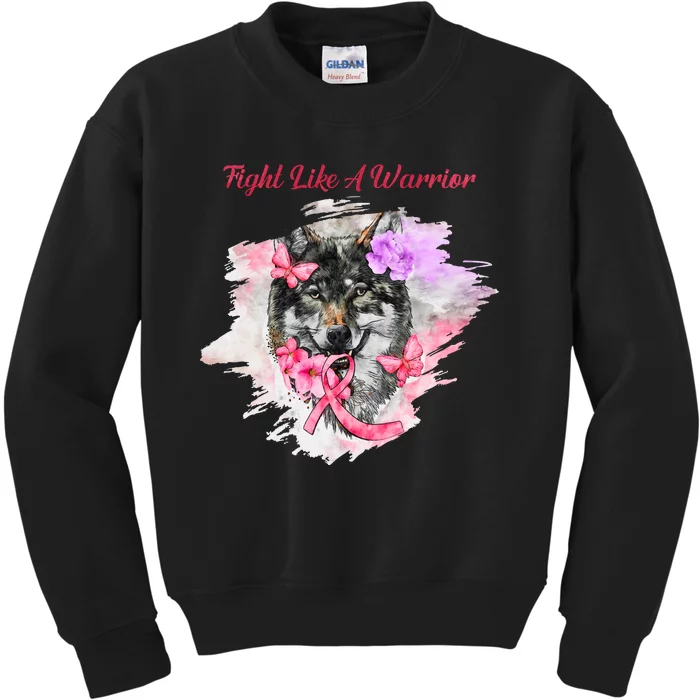 Fight Like A Warrior Wolf Pink Ribbon Breast Cancer Kids Sweatshirt