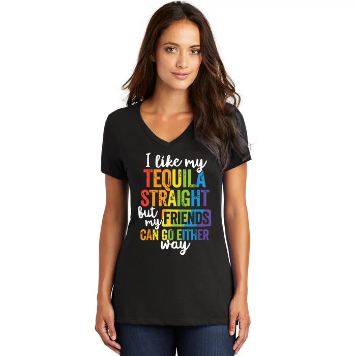 Funny Lgbt Ally Gift Tequila Straight Friends Go Either Way Women's V-Neck T-Shirt