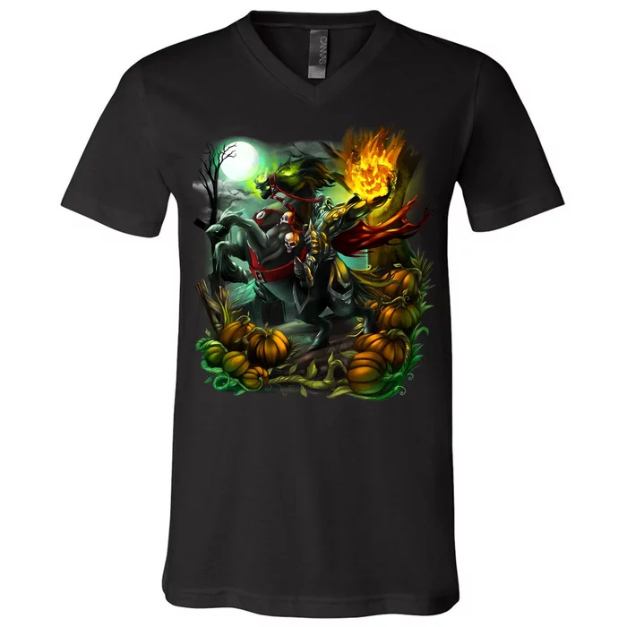 Flaming Headless Horseman V-Neck T-Shirt