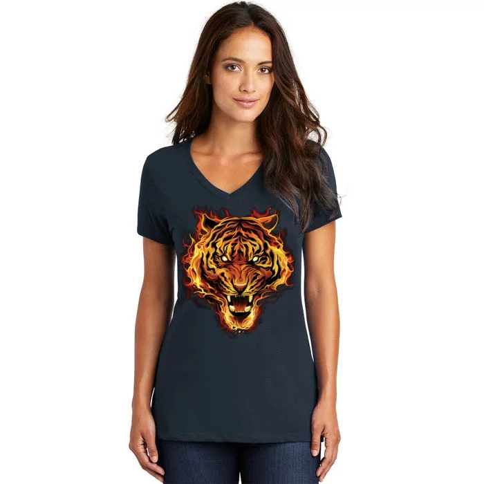 Flaming Tiger Fire Women's V-Neck T-Shirt