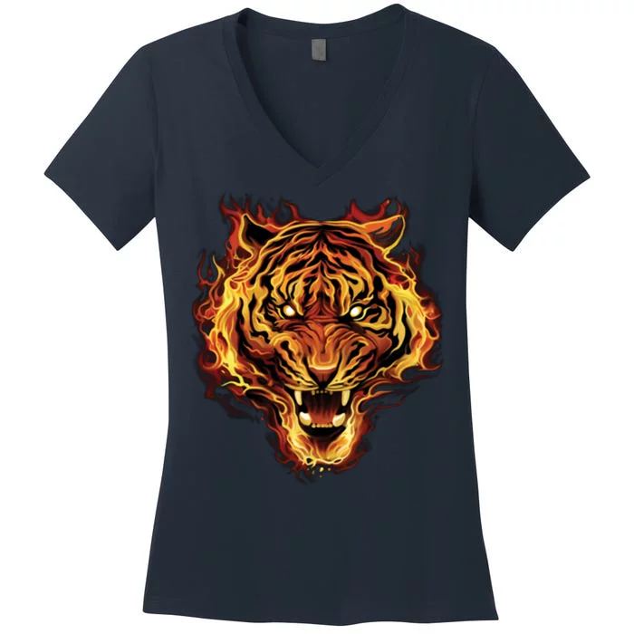 Flaming Tiger Fire Women's V-Neck T-Shirt