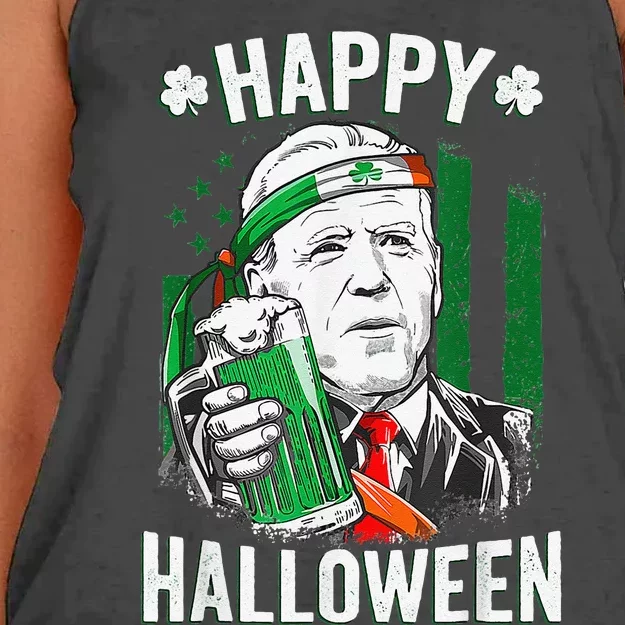 Funny Leprechaun Biden Happy Halloween For St Patrick's Day Women's Knotted Racerback Tank