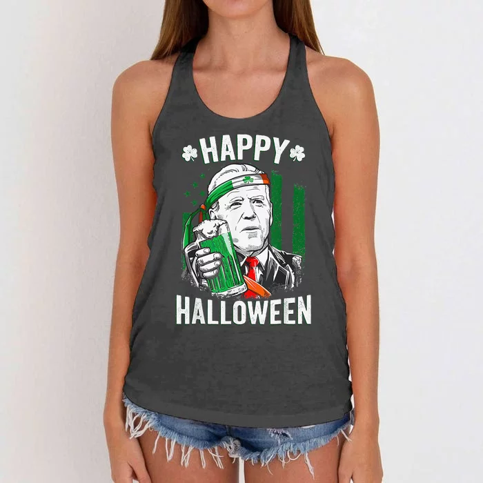 Funny Leprechaun Biden Happy Halloween For St Patrick's Day Women's Knotted Racerback Tank