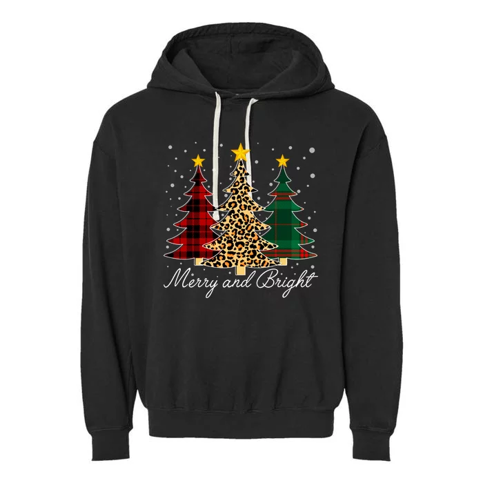 Funny Leopard Buffalo Plaid Christmas Tree Merry And Bright Long Sleeve Garment-Dyed Fleece Hoodie