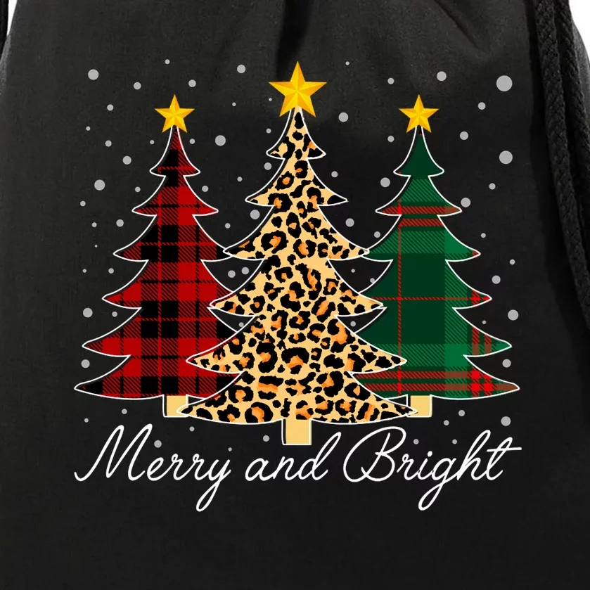 Funny Leopard Buffalo Plaid Christmas Tree Merry And Bright Long Sleeve Drawstring Bag