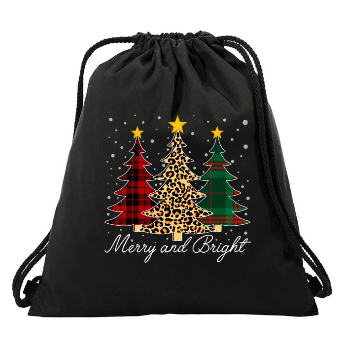 Funny Leopard Buffalo Plaid Christmas Tree Merry And Bright Long Sleeve Drawstring Bag