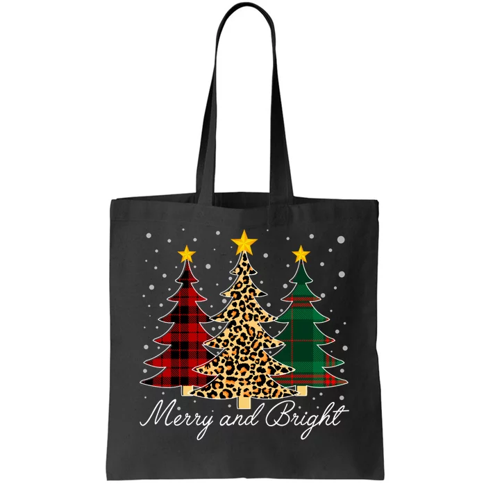 Funny Leopard Buffalo Plaid Christmas Tree Merry And Bright Long Sleeve Tote Bag