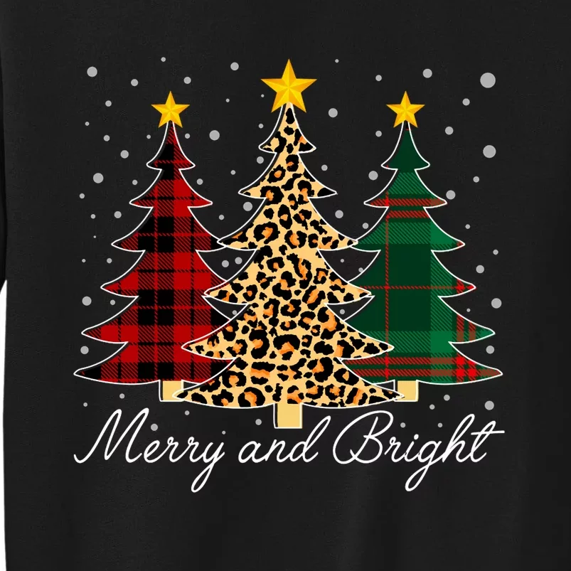 Funny Leopard Buffalo Plaid Christmas Tree Merry And Bright Long Sleeve Tall Sweatshirt