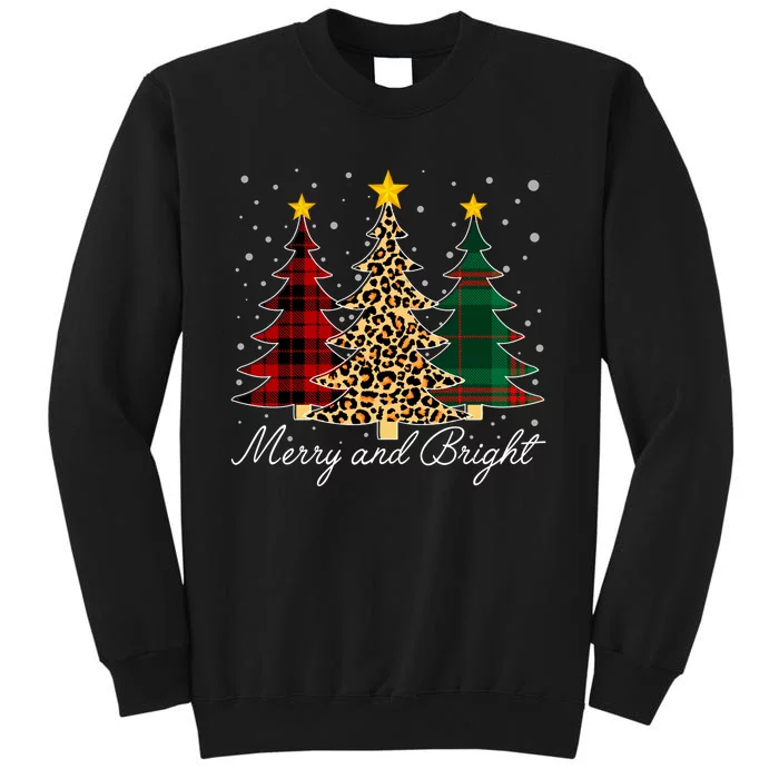 Funny Leopard Buffalo Plaid Christmas Tree Merry And Bright Long Sleeve Tall Sweatshirt