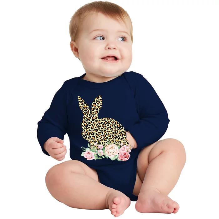 Funny Leopard Bunny Flowers Happy Easter Day Gift Baby Long Sleeve Bodysuit