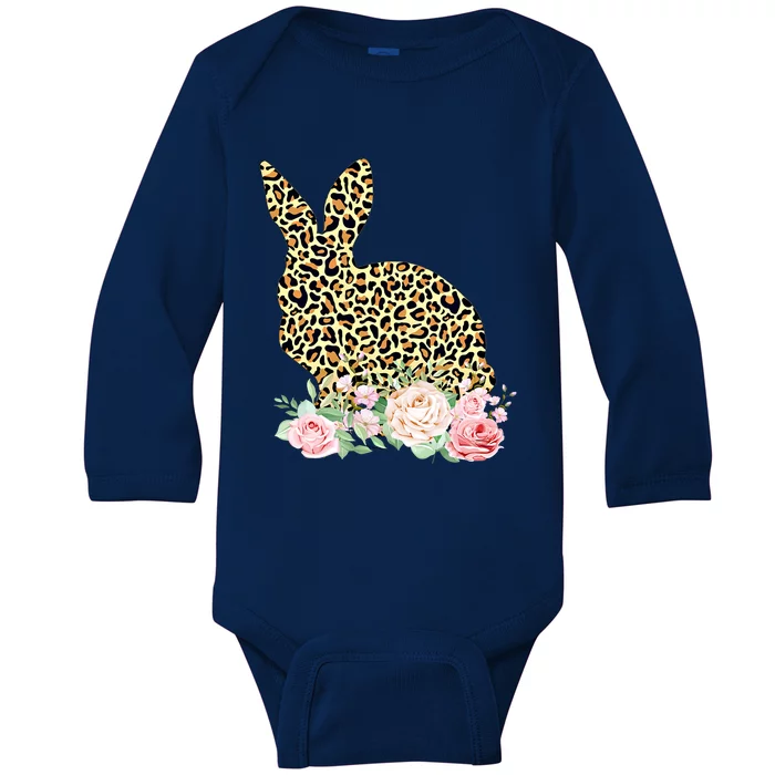 Funny Leopard Bunny Flowers Happy Easter Day Gift Baby Long Sleeve Bodysuit