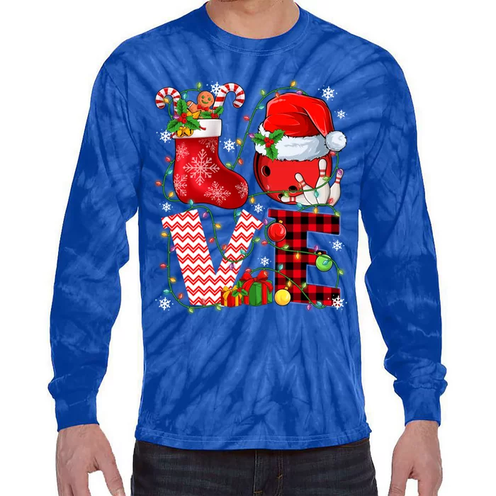 Funny Love Bowling Ball Santa Hat Christmas Lights Xmas Pjs Cool Gift Tie-Dye Long Sleeve Shirt