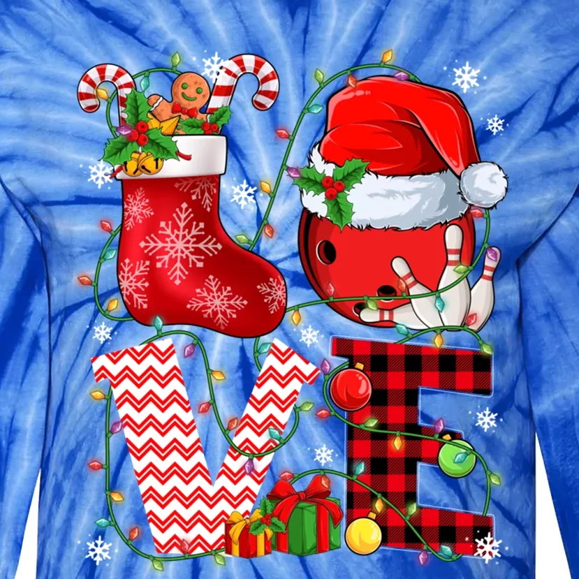 Funny Love Bowling Ball Santa Hat Christmas Lights Xmas Pjs Cool Gift Tie-Dye Long Sleeve Shirt