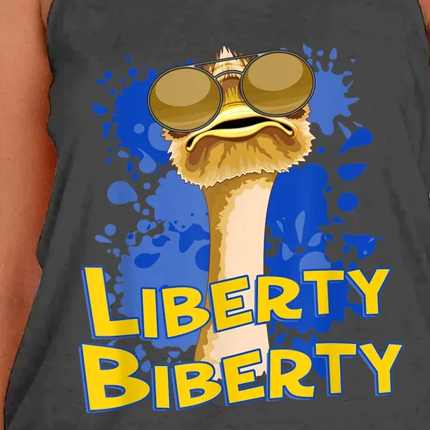 Funny Liberty Biberty Ostrich Sunglasses Humor Blue Women's Knotted Racerback Tank