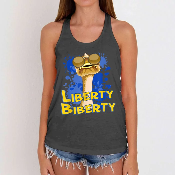 Funny Liberty Biberty Ostrich Sunglasses Humor Blue Women's Knotted Racerback Tank