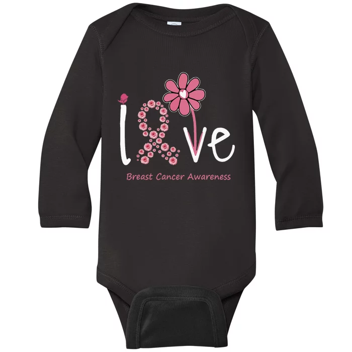 funny Love Breast Cancer Pink Ribbon Floral Baby Long Sleeve Bodysuit