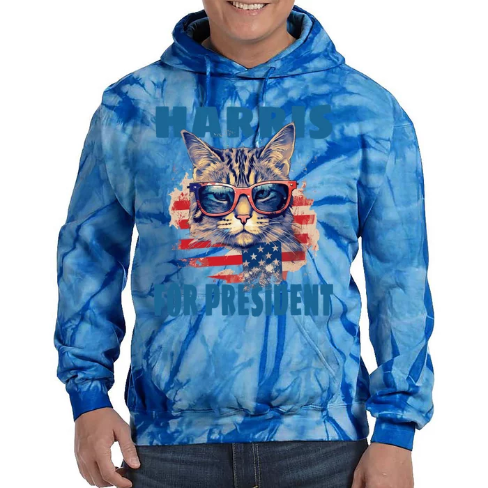 Funny Less Cat Lady Voting For Kamala Harris For Presid Gift Tie Dye Hoodie