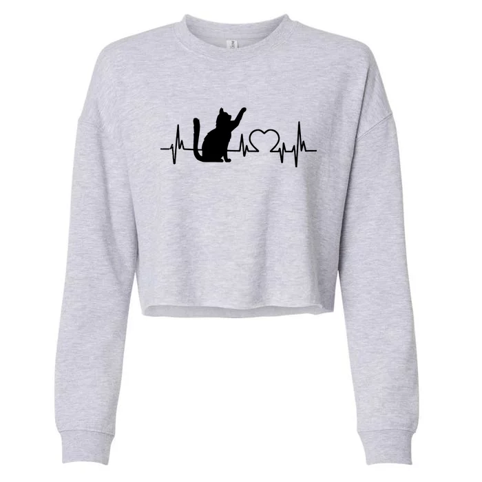 Funny Love Cat Heartbeat Women Girl Funny Cat Lover Cropped Pullover Crew