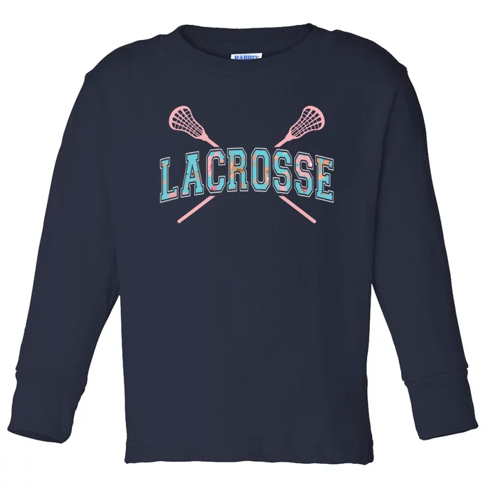 Floral Lacrosse Crossed Sticks LAX Girly Teal Pink Head Toddler Long Sleeve Shirt