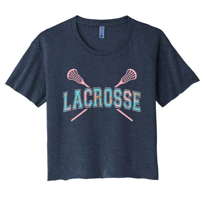 Floral Lacrosse Crossed Sticks LAX Girly Teal Pink Head Women's Crop Top Tee