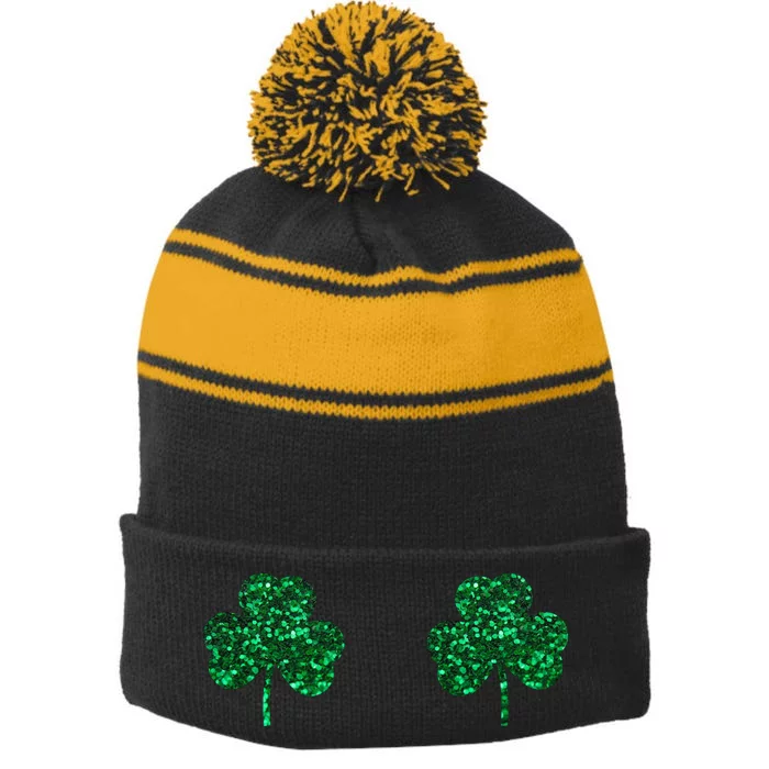 Four Leaf Clover Boobs Lucky St Patricks Day Stripe Pom Pom Beanie