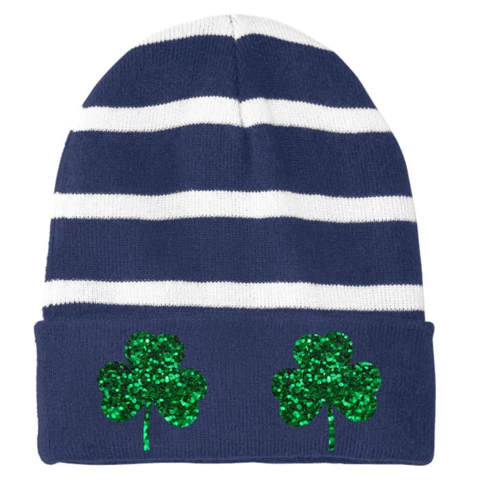 Four Leaf Clover Boobs Lucky St Patricks Day Striped Beanie with Solid Band