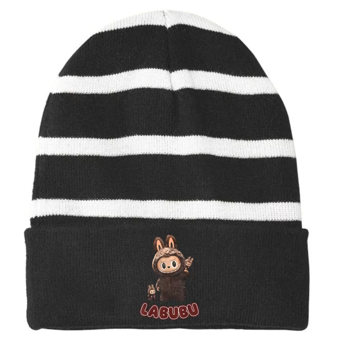 Funny Labubu Cute Labubu The Monsters Brown Meme Striped Beanie with Solid Band