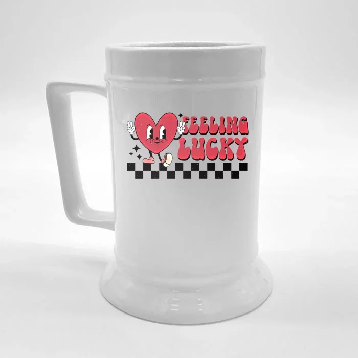 Feeling Lucky Cute Heart Funny Valentine's Day Great Gift Front & Back Beer Stein