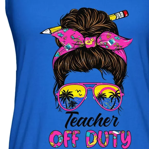 Funny Last Day Of School Teacher Off Duty Messy Bun Hair Ladies Essential Flowy Tank