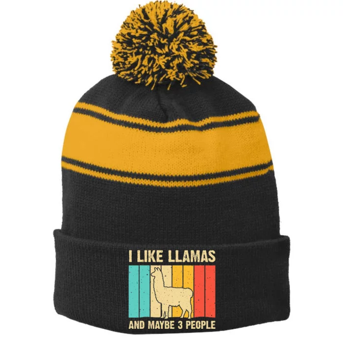 Funny Llama Design For Kids Men Women Alpaca Lover Farming Stripe Pom Pom Beanie