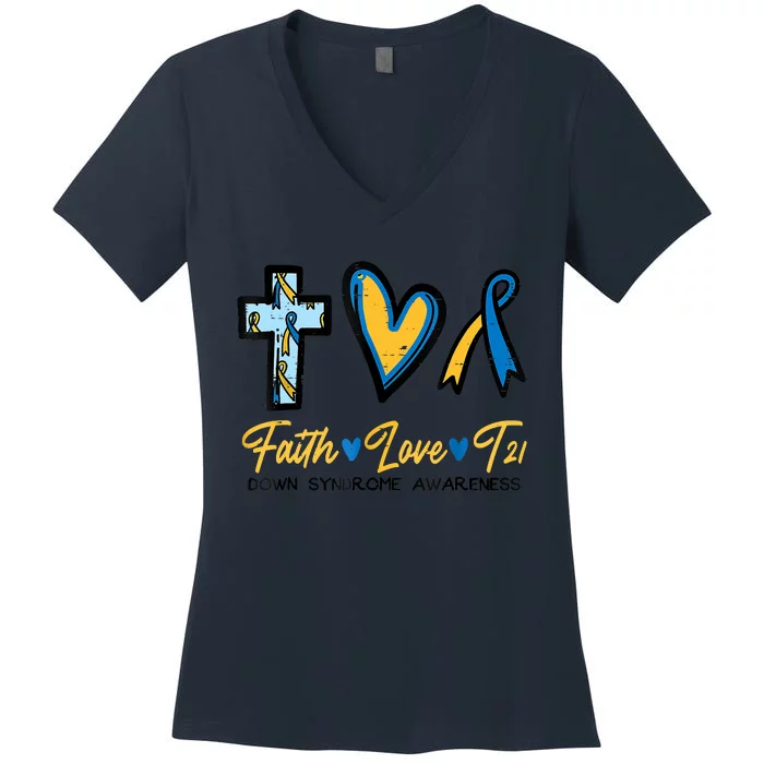 Faith Love Down Syndrome Awareness Christian Women's V-Neck T-Shirt