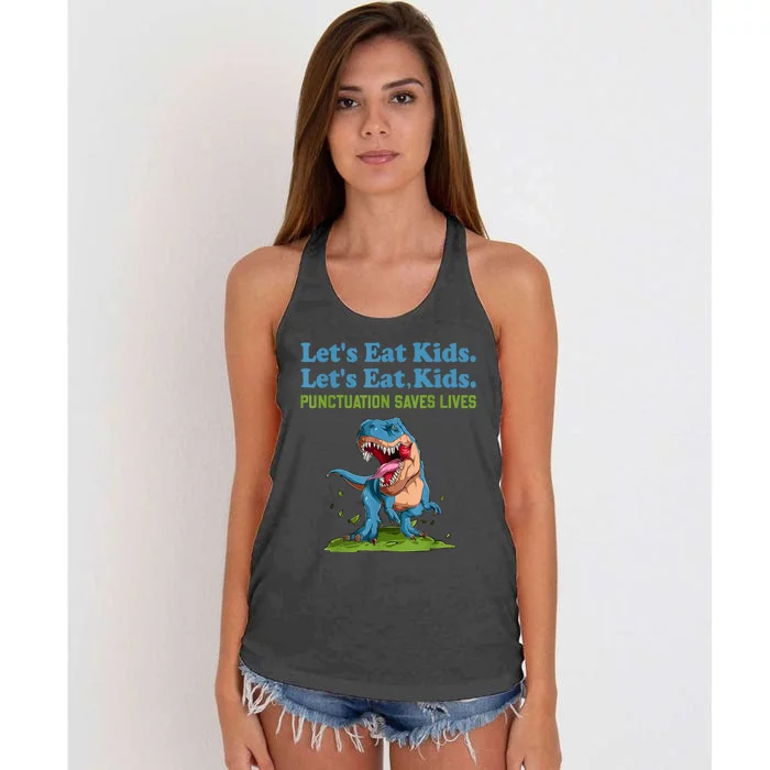 Funny Lets Eat Kids Punctuation Saves Lives Grammar Women's Knotted Racerback Tank