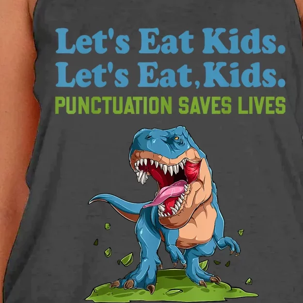 Funny Lets Eat Kids Punctuation Saves Lives Grammar Women's Knotted Racerback Tank