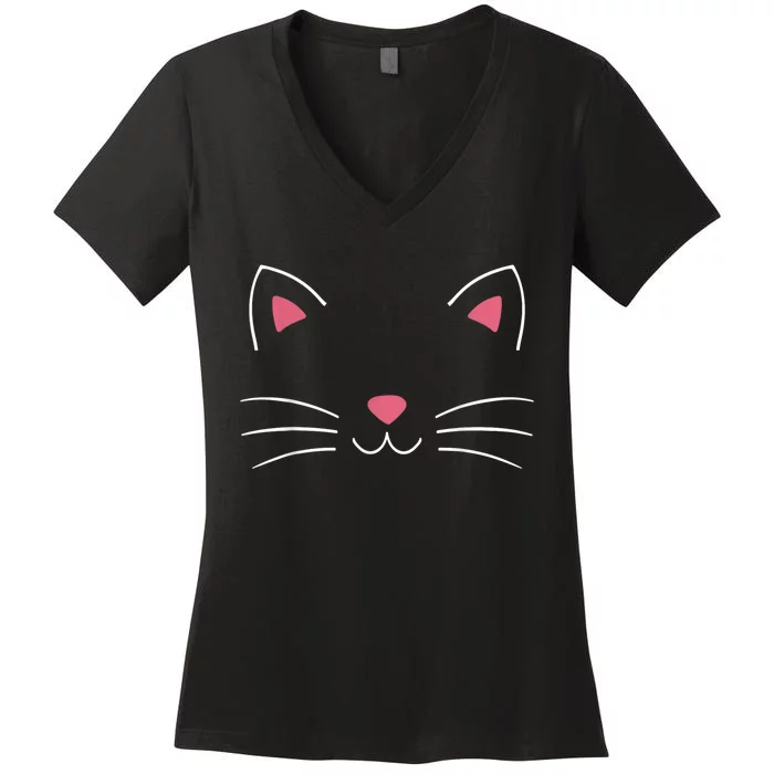 Funny Lazy Easy Cat Face Costume For Diy Halloween Party Women's V-Neck T-Shirt