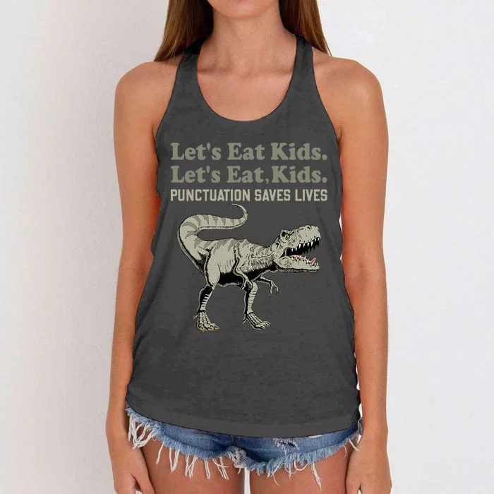 Funny Lets Eat Punctuation Saves Lives Grammar Women's Knotted Racerback Tank