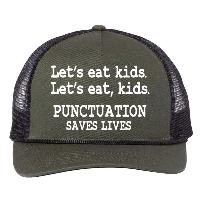 Funny Let's Eat Kids Punctuation Saves Lives Teacher Cute Gift Retro Rope Trucker Hat Cap