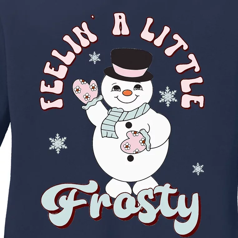 Feelin' Little Frostys Snowman Groovy Retro Christmas Pajama Ladies Long Sleeve Shirt