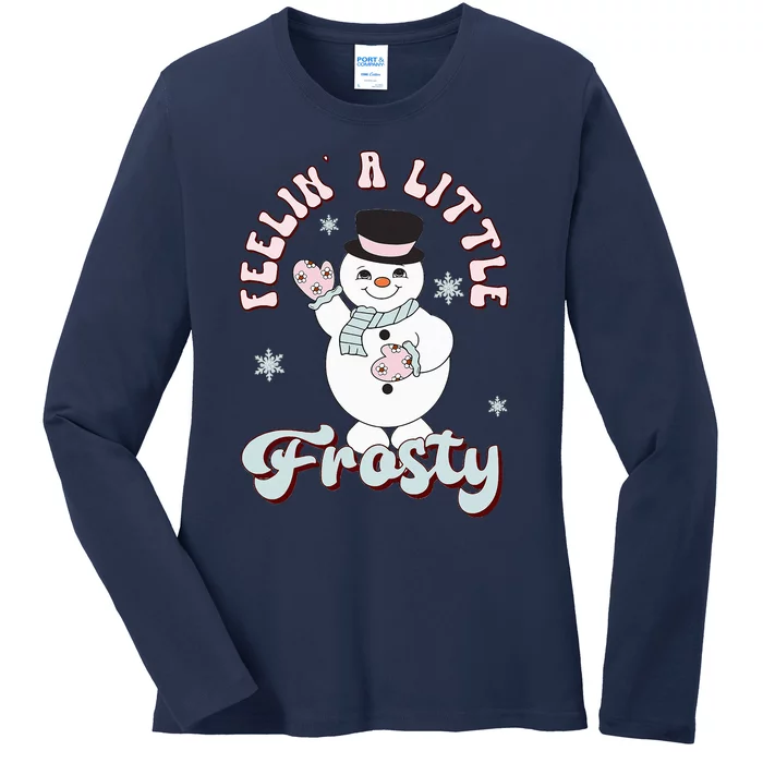 Feelin' Little Frostys Snowman Groovy Retro Christmas Pajama Ladies Long Sleeve Shirt